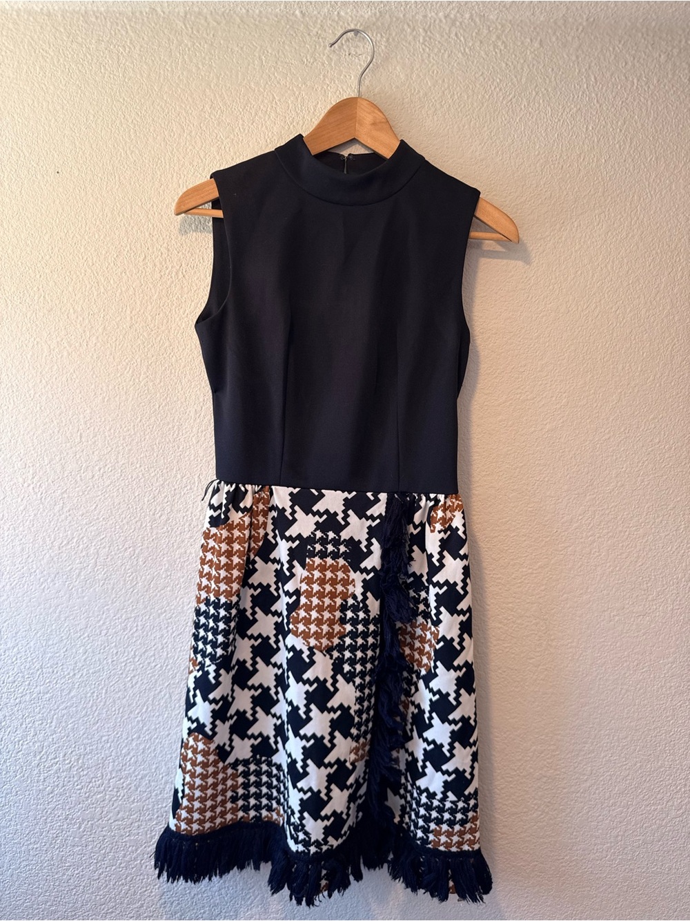 VINTAGE ANDREA GAYLE Houndstooth Print Mini Dress with Fringe Accents